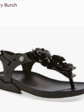 Tory Burch Black Floral Patent  Leather T Strap Sandals